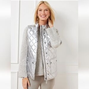 Talbots Metalic Silver Quilted Down Filler Puffer Vest Size XL Cabincore Outdoor